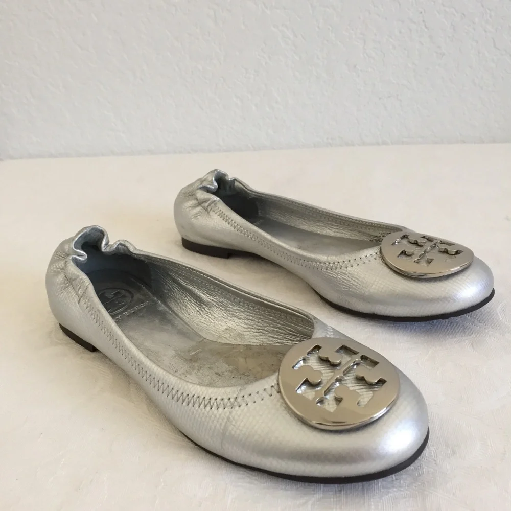 Tory Burch Reva Logo Silver Leather Ballet Flat